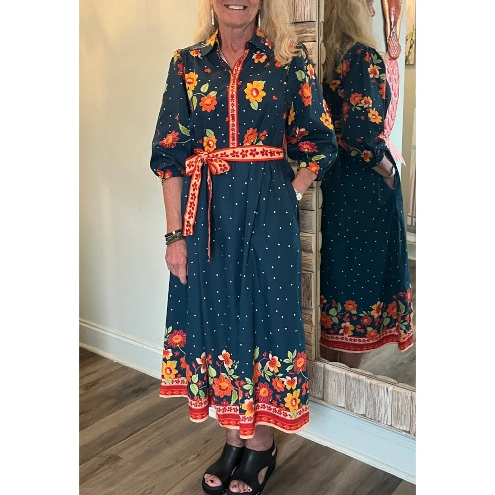Maude Vivante Navy Blue Polka Dot Floral Midi Dress NWT XS Orange Yellow Belted